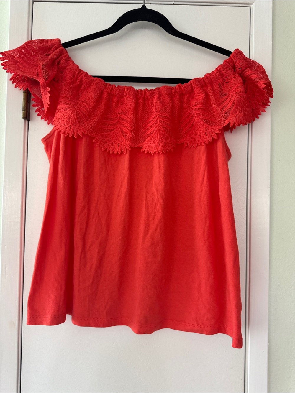 Off-Shoulder Lace Ruffle Crop Top in Coral